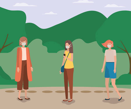 Social distancing between girls with masks at park design of Covid 19 virus theme Vector illustrationのイラスト素材