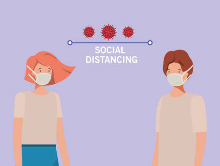 Social distancing between boy and girl with masks design of Covid 19 virus theme Vector illustrationのイラスト素材