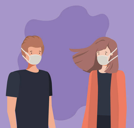 Social distancing between boy and girl with masks design of Covid 19 virus theme Vector illustrationのイラスト素材