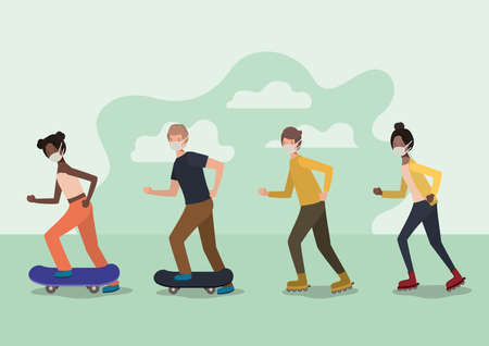 People with masks on skateboards and roller skates with clouds design of medical care and covid 19 virus theme Vector illustrationのイラスト素材