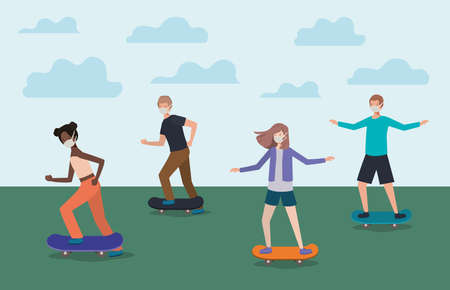 People with masks on skateboards with clouds design of medical care and covid 19 virus theme Vector illustrationのイラスト素材