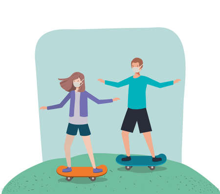 Girl and boy with mask and skateboard design of medical care and covid 19 virus theme Vector illustrationのイラスト素材