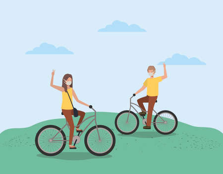 Girl and boy with mask on cycle at park design of medical care and covid 19 virus theme Vector illustrationのイラスト素材