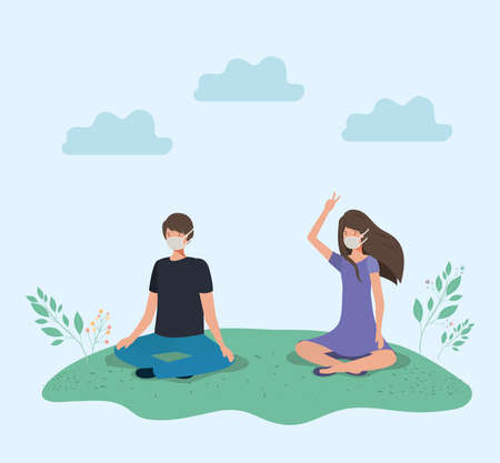 Girl and boy with mask and bag at park design of medical care and covid 19 virus theme Vector illustrationのイラスト素材