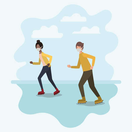 Girl and boy with mask and roller skates design of medical care and covid 19 virus theme Vector illustrationのイラスト素材