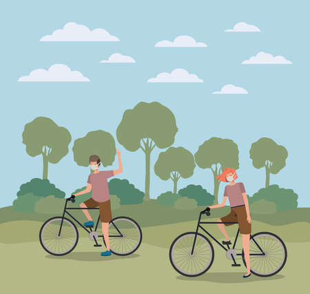 Girl and boy with mask on cycle at park design of medical care and covid 19 virus theme Vector illustrationのイラスト素材