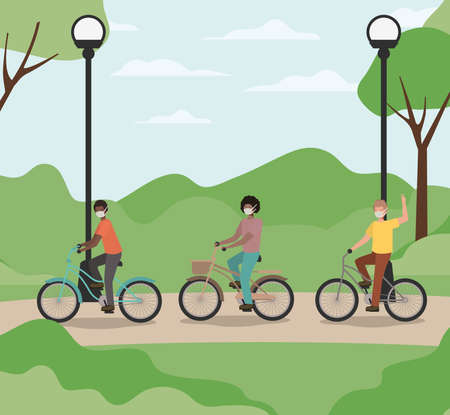 Boys with masks on cycles at park design of medical care and covid 19 virus theme Vector illustrationのイラスト素材