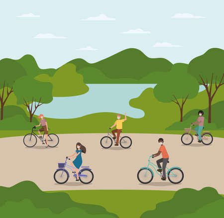 People with masks on cycles at park design of medical care and covid 19 virus theme Vector illustrationのイラスト素材
