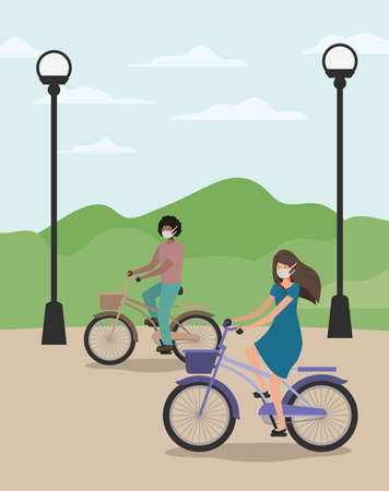 Girl and boy with mask on cycle at park design of medical care and covid 19 virus theme Vector illustrationのイラスト素材
