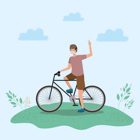 Boy with mask on cycle at park design of medical care and covid 19 virus theme Vector illustrationのイラスト素材
