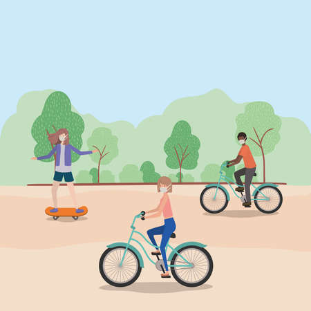 People with masks on cycles at park design of medical care and covid 19 virus theme Vector illustrationのイラスト素材