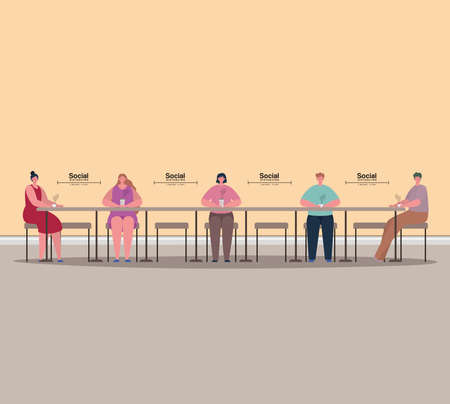 Social distancing between people on table with coffee mugs design of Covid 19 virus theme Vector illustrationのイラスト素材