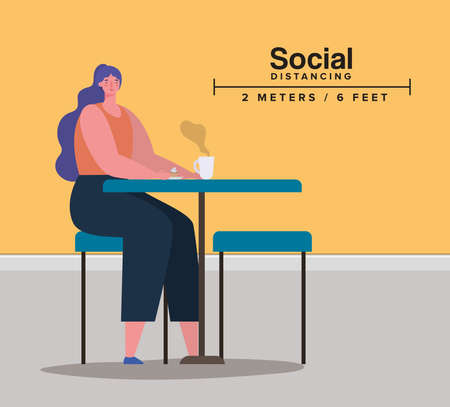 Social distancing of woman on table with coffee mug design of Covid 19 virus theme Vector illustrationのイラスト素材