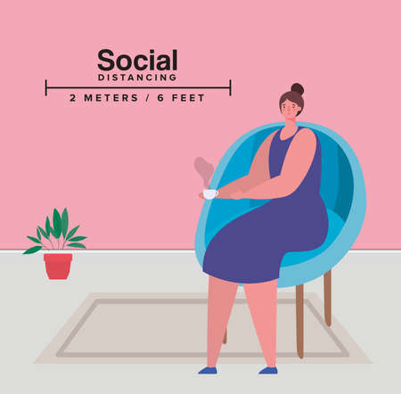 Social distancing of woman on chair with coffee mug design of Covid 19 virus theme Vector illustrationのイラスト素材