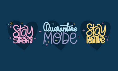Stay strong positive and quarantine mode lettering design of Happiness positivity and covid 19 virus theme Vector illustrationのイラスト素材