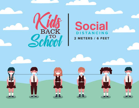 Girls and boys kids with medical masks design, Back to school and social distancing theme Vector illustrationのイラスト素材