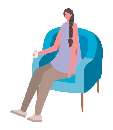 Woman cartoon drinking coffee on chair design of time drink breakfast beverage shop morning store aroma and caffeine theme Vector illustrationのイラスト素材