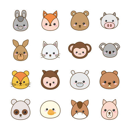 Cute cartoons line and fill style icon set design, animals zoo life nature and character theme Vector illustrationのイラスト素材