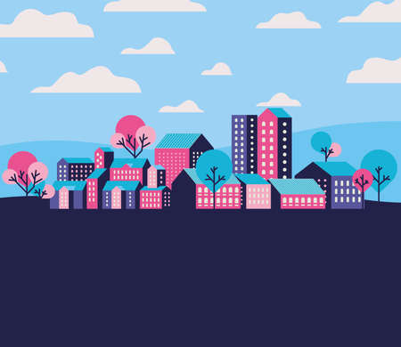 Purple blue and pink city buildings landscape with clouds and trees design, Abstract geometric architecture and urban theme Vector illustrationのイラスト素材