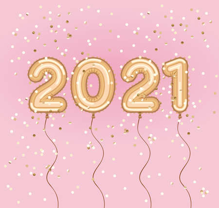 Happy new year 2021 gold balloons with confetti design, Welcome celebrate greeting card happy decorative and celebration theme Vector illustrationのイラスト素材