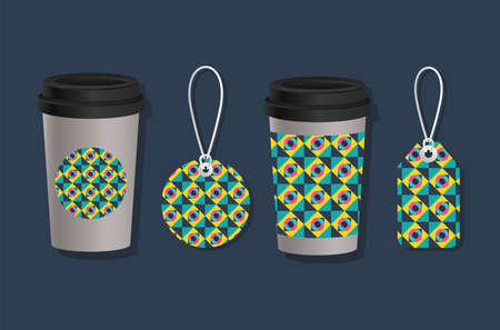 geometric cover coffee mugs and labels design of Mockup corporate identity template and branding theme Vector illustrationのイラスト素材