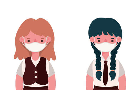 Girls kids with medical masks and uniforms design, Back to school and social distancing theme Vector illustrationのイラスト素材