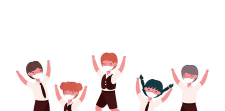Girls and boys kids with medical masks and uniforms jumping design, Back to school and social distancing theme Vector illustrationのイラスト素材