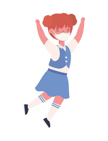 Girl kid with medical mask and uniform jumping design, Back to school theme Vector illustrationのイラスト素材