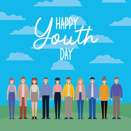women and men cartoons smiling of happy youth day design, Young holiday and friendship theme Vector illustrationのイラスト素材