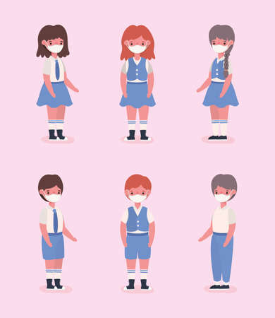 Girls and boys kids with uniforms and medical masks design, Back to school and social distancing theme Vector illustrationのイラスト素材