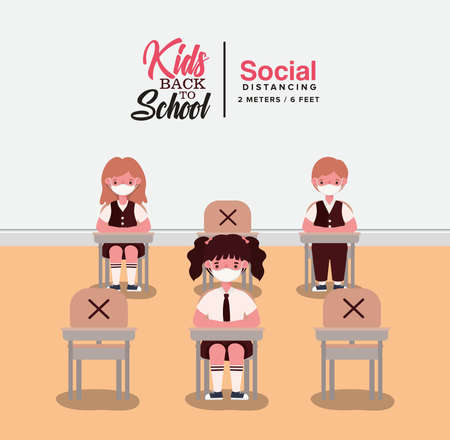 Girls and boy kids with uniforms and medical masks at desks design, Back to school and social distancing theme Vector illustrationのイラスト素材