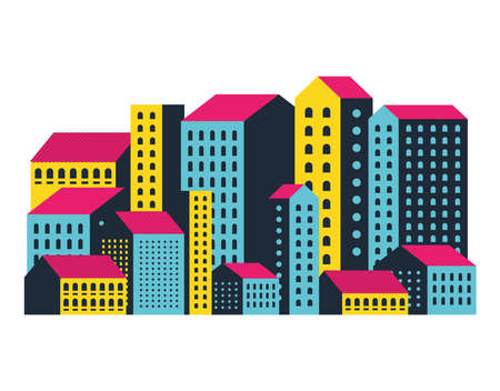 Yellow blue and pink city buildings design, Abstract geometric architecture and urban theme illustrationのイラスト素材