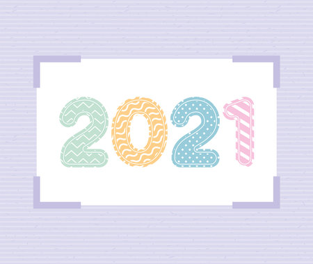 2021 multicolored number with lines and points in frame of happy new year design, Welcome celebrate...