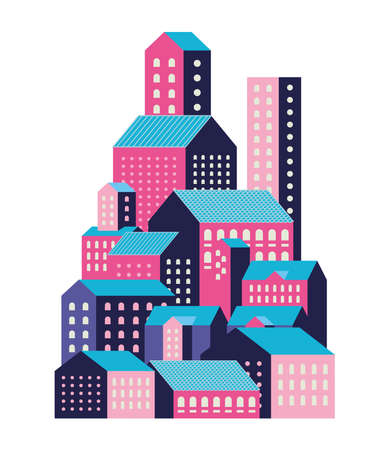 Pink blue and purple city buildings design, Abstract geometric architecture and urban theme illustrationのイラスト素材