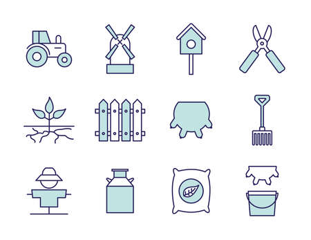 farm line and fill style icon set design, agronomy lifestyle agriculture harvest rural farming and country theme Vector illustrationのイラスト素材