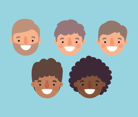 Men cartoons smiling heads design, Man boy male person and people theme Vector illustrationのイラスト素材