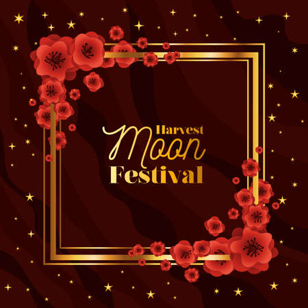 Mid autumn harvest moon festival with red flowers frame and stars design, Oriental chinese and celebration theme Vector illustrationのイラスト素材