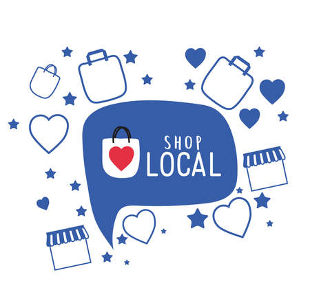 shop local in bubble with bags hearts and stars design of retail buy and market theme Vector illustrationのイラスト素材