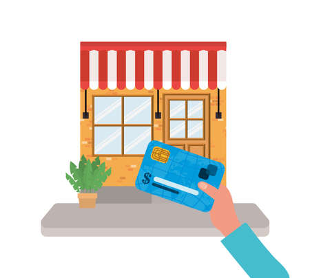 hand holding credit card in front of local store design of shop retail buy and market theme Vector illustrationのイラスト素材
