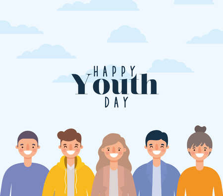 women and men cartoons smiling of happy youth day design, Young holiday and friendship theme Vector illustrationのイラスト素材