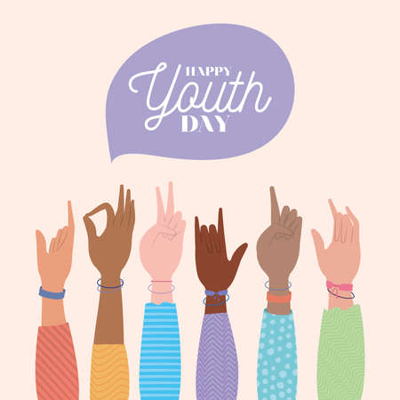 signs with hands of happy youth day design, Young holiday and friendship theme Vector illustrationのイラスト素材
