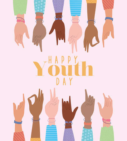 signs with hands of happy youth day design, Young holiday and friendship theme Vector illustrationのイラスト素材
