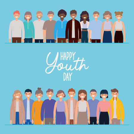 women and men cartoons smiling of happy youth day design, Young holiday and friendship theme Vector illustrationのイラスト素材