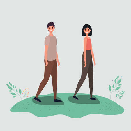 Woman and man cartoon walking with leaves design, Outdoor activity theme Vector illustrationのイラスト素材