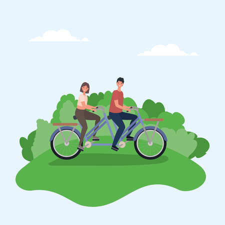 Woman and man cartoons riding double bike at park design, Outdoor activity theme Vector illustrationのイラスト素材