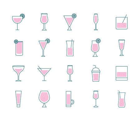 Cocktails glasses cups line and fill style icons bundle design, Alcohol drink bar and beverage theme Vector illustrationのイラスト素材