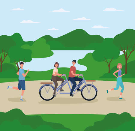 Woman and man cartoons riding bike and running at park design, Outdoor activity theme Vector illustrationのイラスト素材