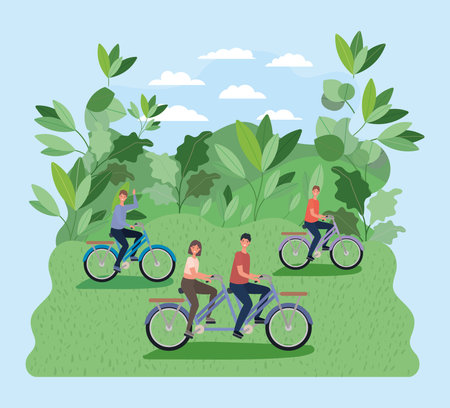 Woman and men cartoons riding bike at park with leaves design, Outdoor activity theme Vector...