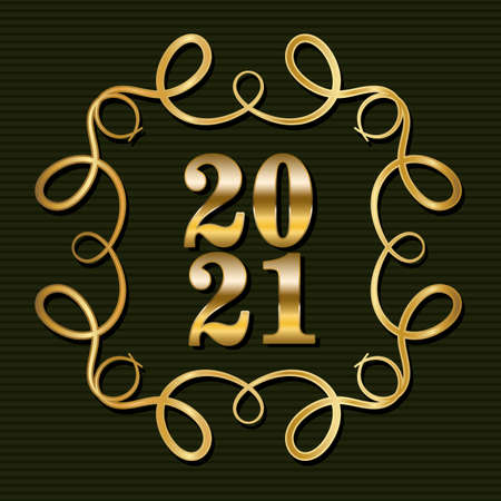 2021 in ornament gold frame on green background design, Welcome celebrate greeting card happy decorative and celebration theme Vector illustrationのイラスト素材