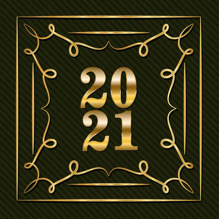 2021 in ornament gold frame on green background design, Welcome celebrate greeting card happy decorative and celebration theme Vector illustrationのイラスト素材